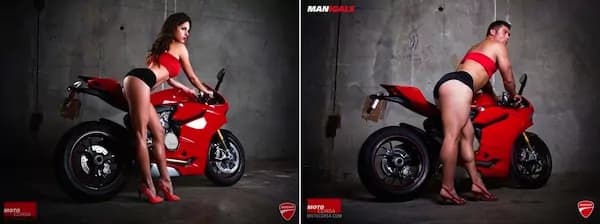 Pubblicità moto, donne e uomini posano nella stessa posizione sexy [FOTO]