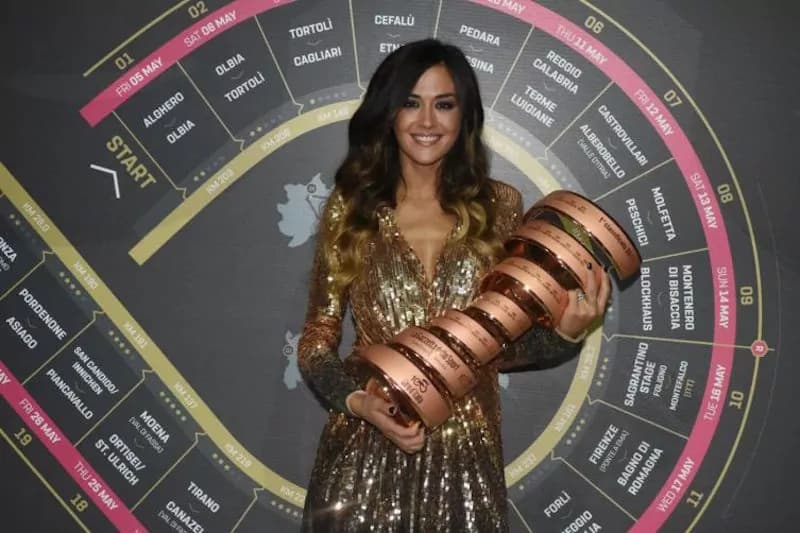 Giorgia Palmas, madrina del Giro d’Italia posiziona a Milano il Trofeo Senza Limite