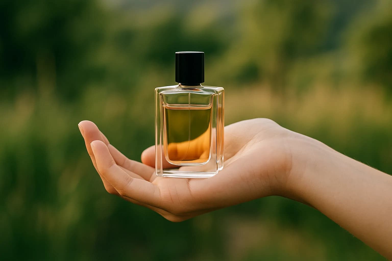 Il profumo artigianale tra natura e luce una boccetta di fragranza in primo piano