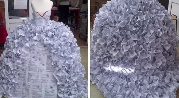 Abito da sposa realizzato con i documenti del divorzio
