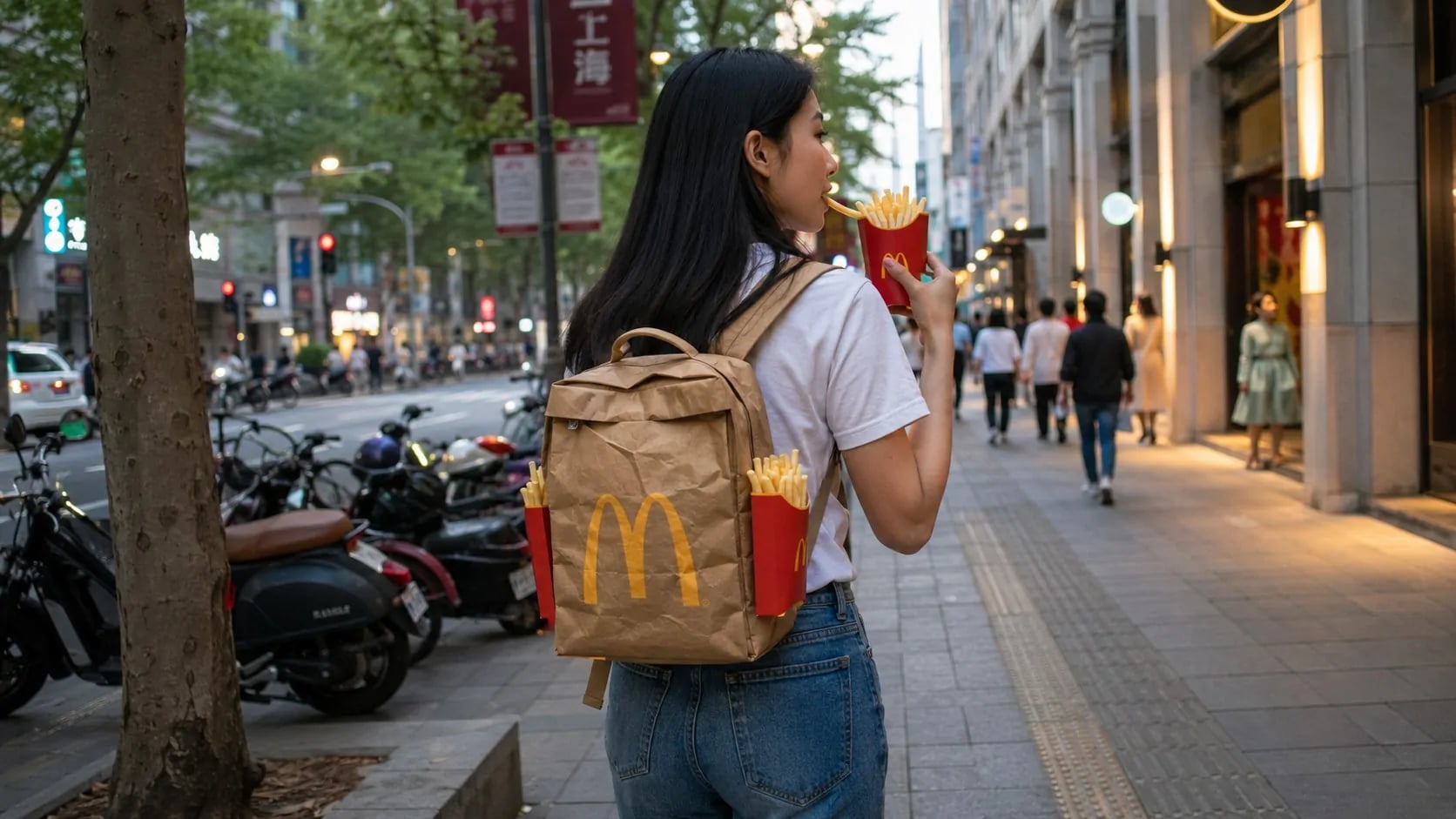 Non è un sacchetto: è lo zaino con le patatine nelle tasche laterali che ha fatto impazzire la Cina