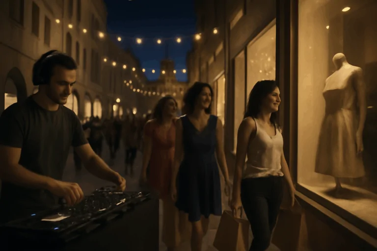 Shopping e Carerra, notte estiva, donne e vetrine illuminate, dj, centro, storico